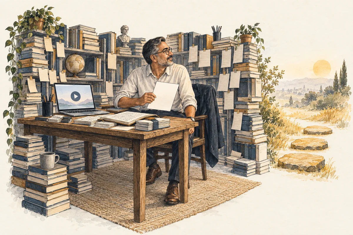 A professional surrounded by books, courses and saved notes notices an open path beyond the desk.